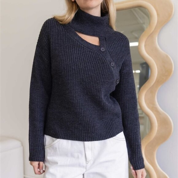 Turtle Neck Button detail Long Sleeve Sweater Dark Gray - Picture 1 of 6